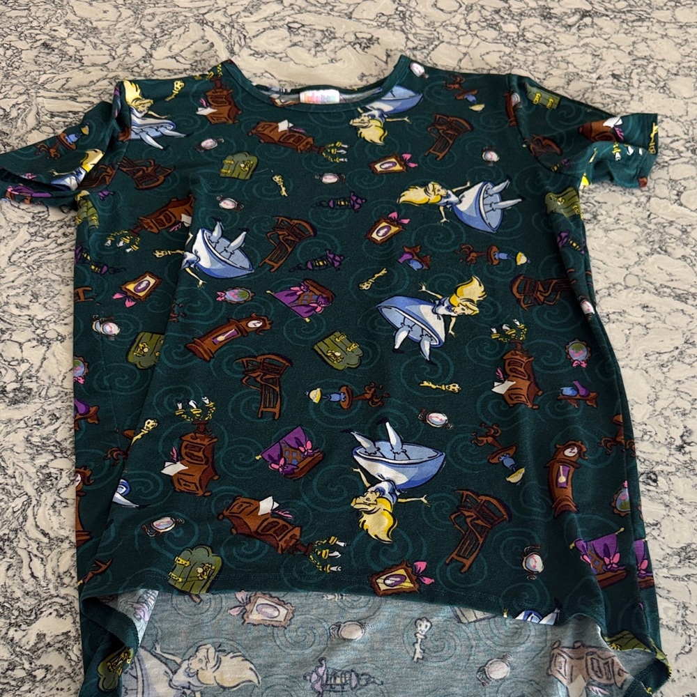 Girls' Dark Green Storybook Print Short Sleeve Top Alice in Wonderland